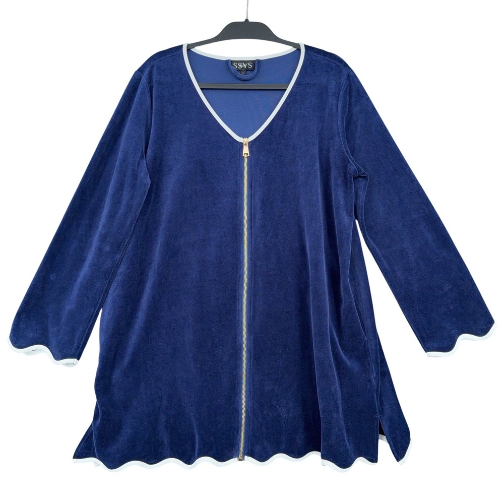 SSYS The Label Scallop Trim Velour Get Ready Robe Womens L Cotton Blend Blue